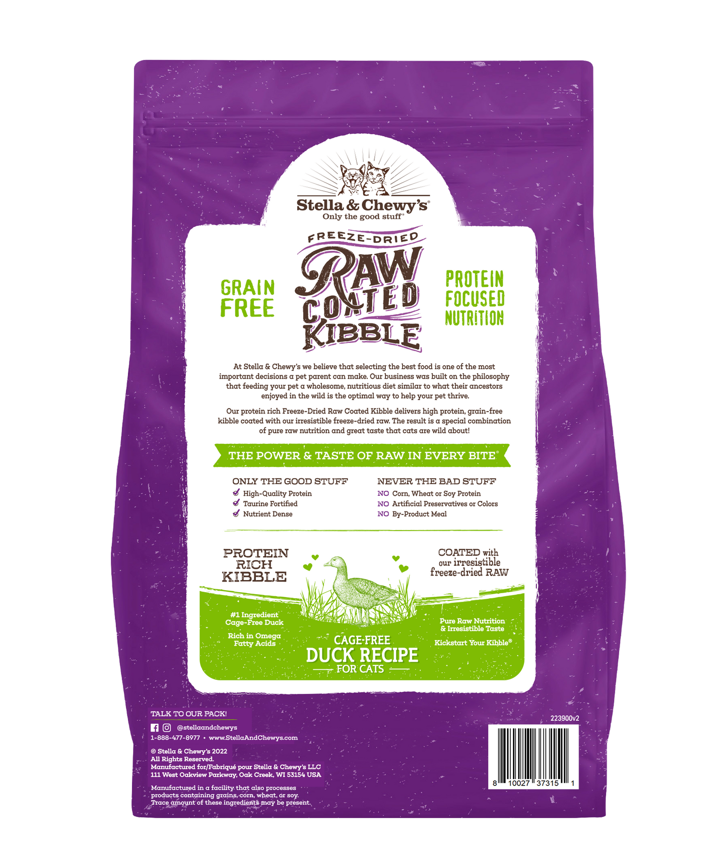 Stella & Chewy's Baked Kibble for Cats - Raw Coated Cage-Free Duck Recipe