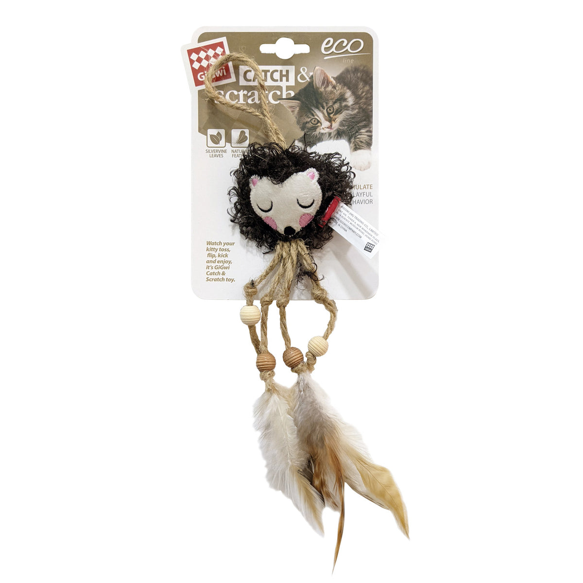 GiGwi Hedgehog Catch & Scratch Eco line with Slivervine Leaves and Natural Feather