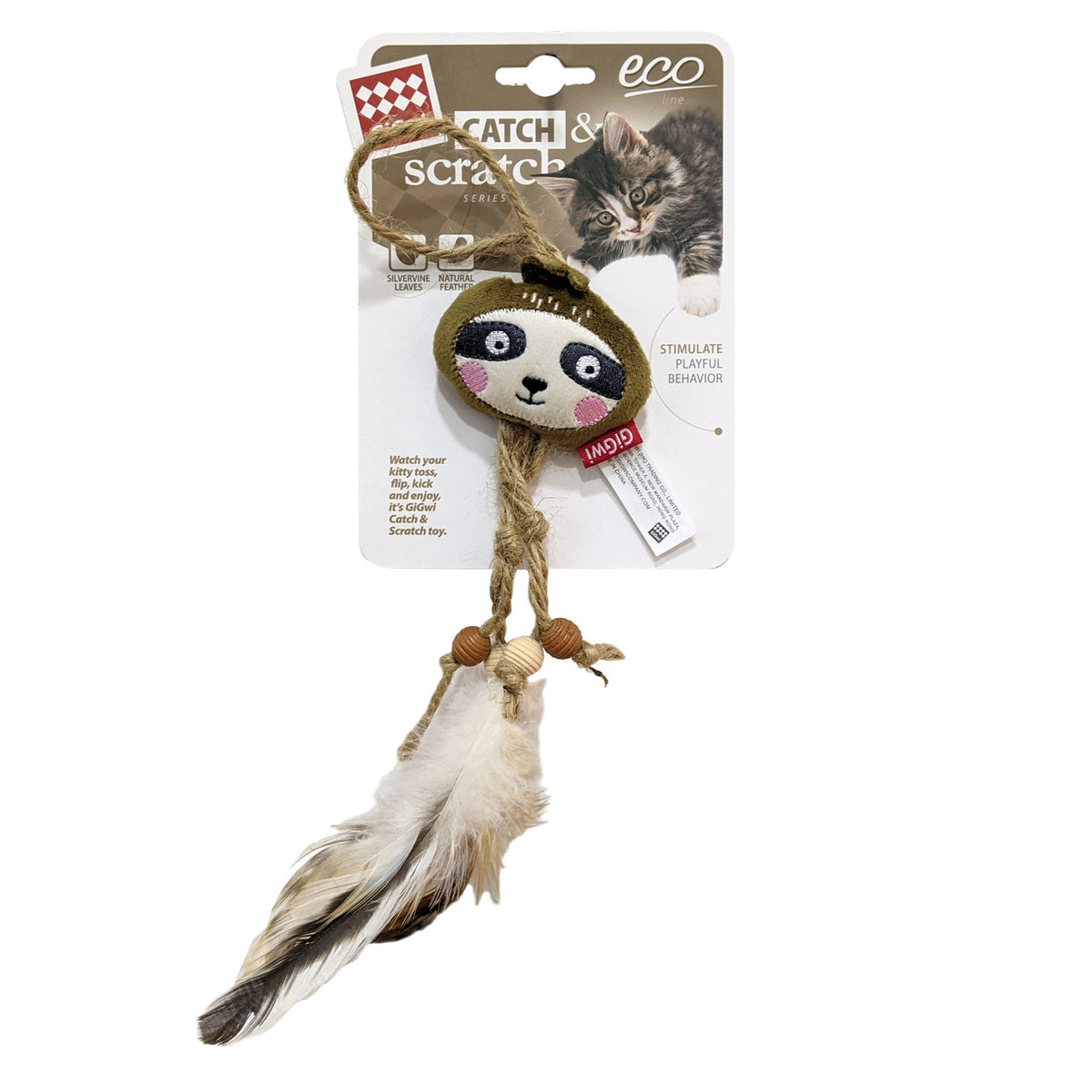 GiGwi Sloth Catch & Scratch Eco line with Slivervine Leaves and Natural Feather
