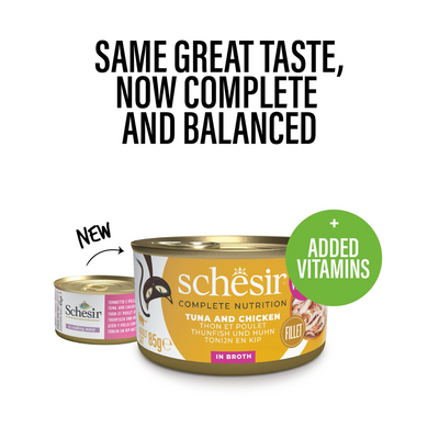 Schesir Complete & Balanced Nutrition Wet Cat Food in Broth Can- Tuna With Chicken 85g