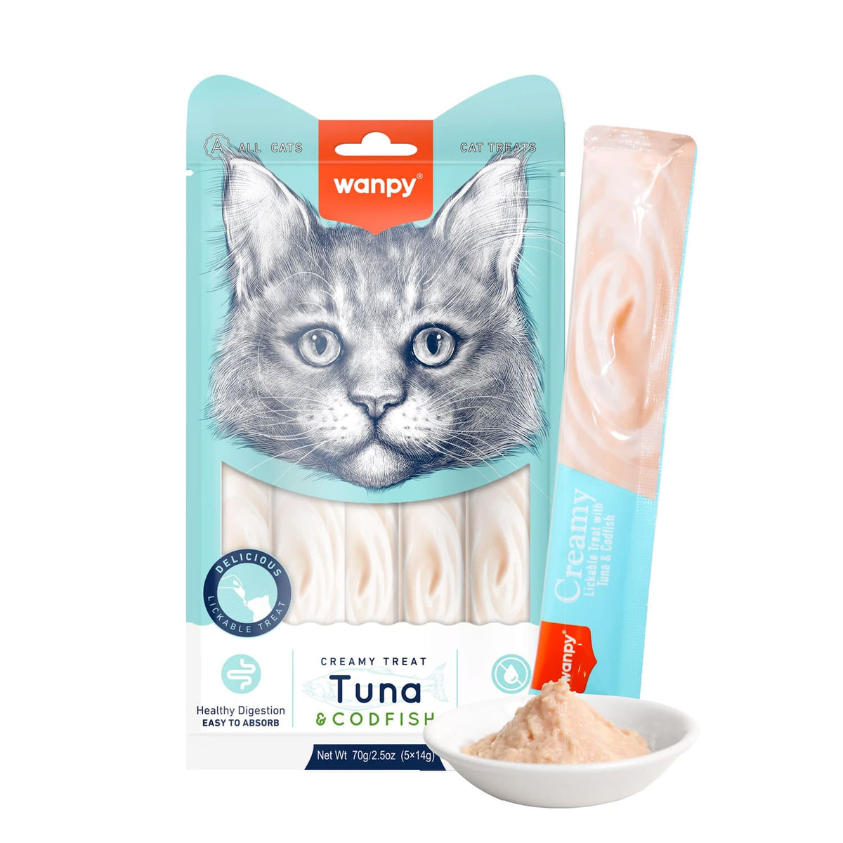 Wanpy Creamy Lickable Cat Treats - Tuna & Codfish (14gx5)