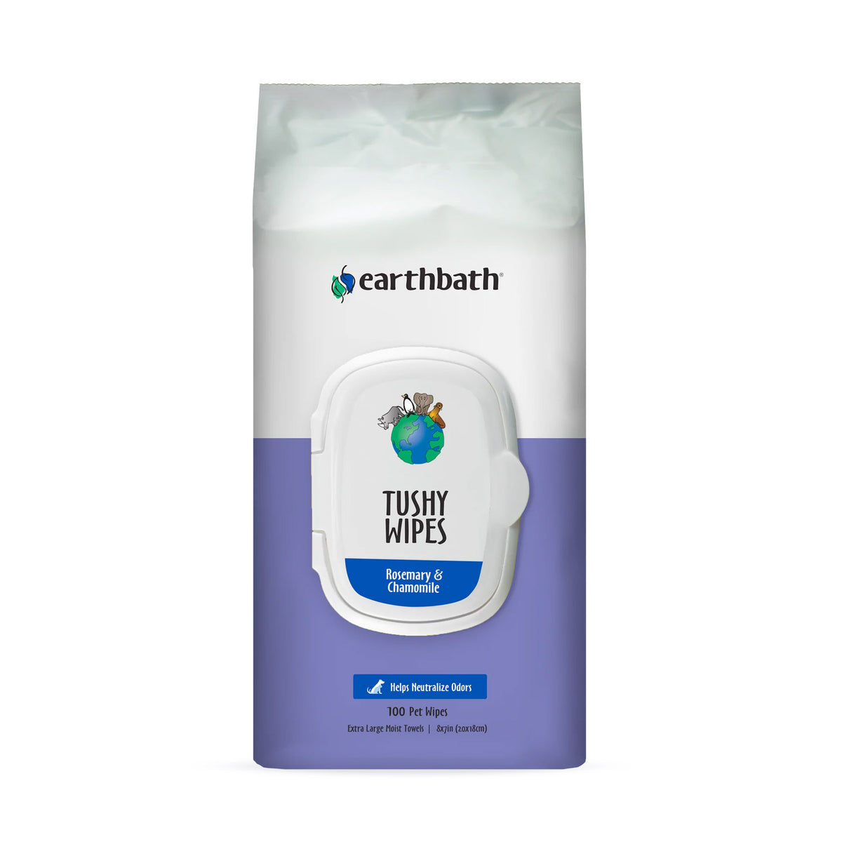 Earthbath Tushy Wipes, Rosemary & Chamomile Odor-Eating Enzymes & Baking Soda, 100 ct wipes in re-sealable pouch