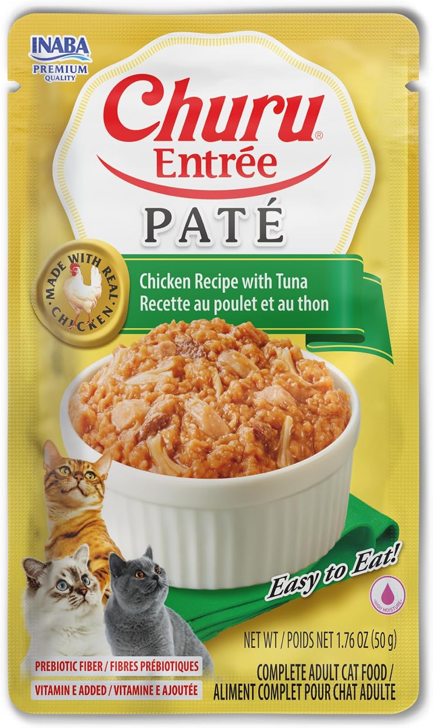 INABA Churu Entrée Pate for Cats, Grain-Free, Prebiotic Complete & Balanced Wet Cat Food - Chicken with Tuna Recipe