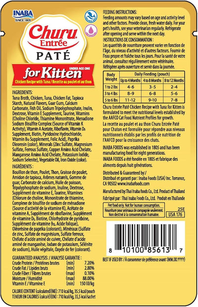 INABA Churu Entrée Pate for Kitten, Grain-Free, Prebiotic Complete & Balanced Wet Cat Food - Chicken with Tuna Recipe