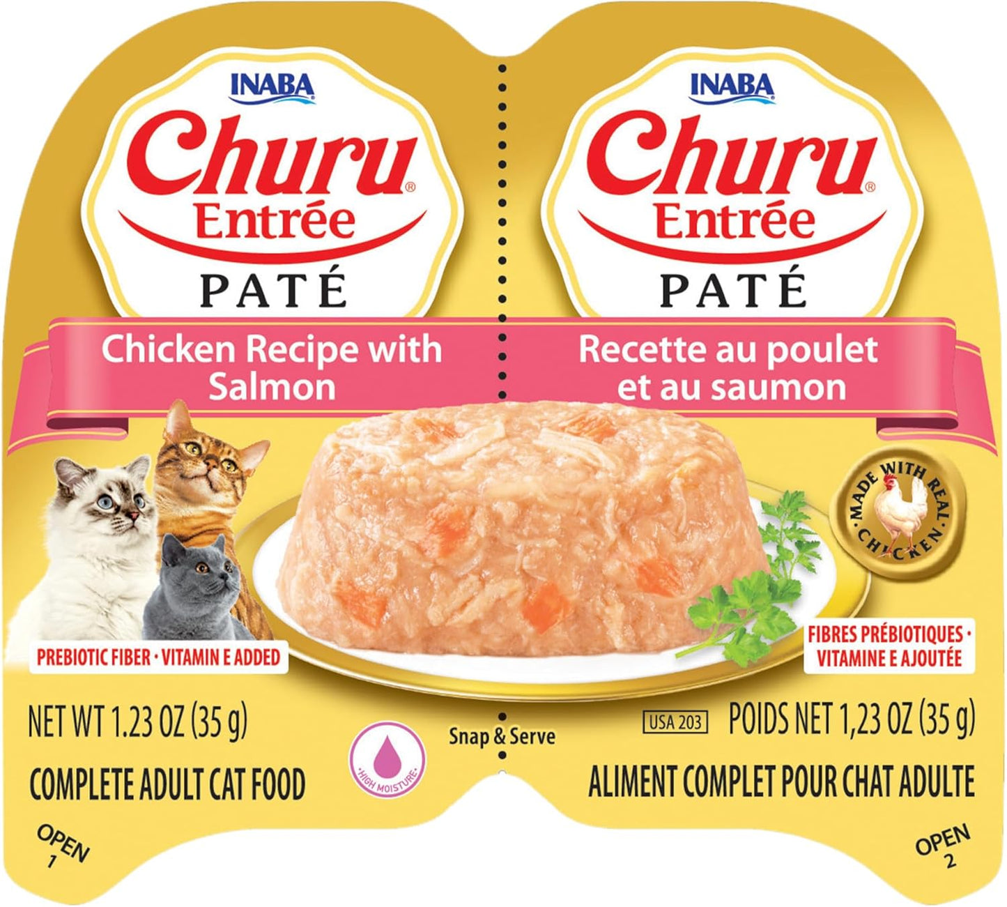 INABA Churu Entrée Pate for Cats, Grain-Free, High Protein, Prebiotic Complete & Balanced Wet Cat Food - Chicken with Salmon Recipe