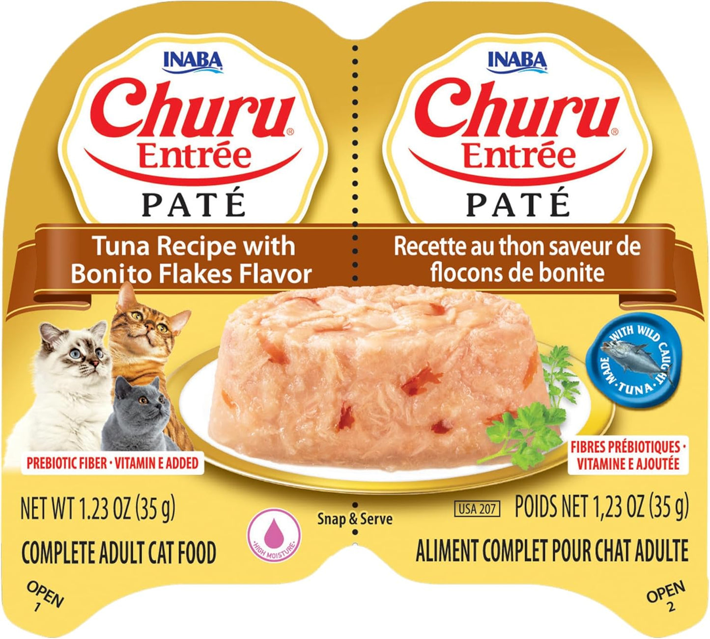 INABA Churu Entrée Pate for Cats, Grain-Free, High Protein, Prebiotic Complete & Balanced Wet Cat Food - Tuna with Bonito Flakes Recipe
