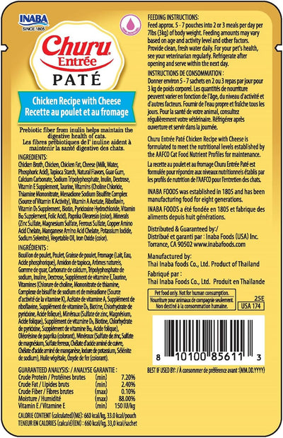 INABA Churu Entrée Pate for Cats, Grain-Free, Prebiotic Complete & Balanced Wet Cat Food - Chicken with Cheese Recipe
