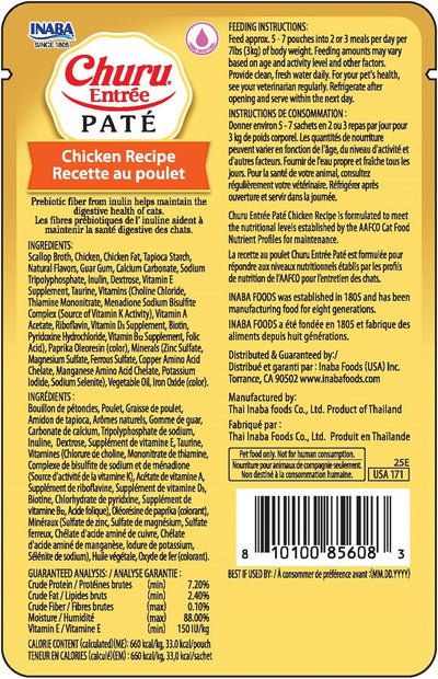 INABA Churu Entrée Pate for Cats, Grain-Free, Prebiotic Complete & Balanced Wet Cat Food - Chicken Recipe