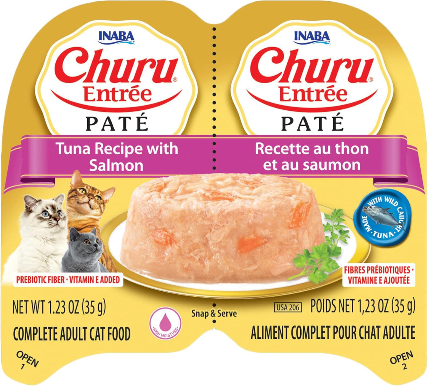 INABA Churu Entrée Pate for Cats, Grain-Free, High Protein, Prebiotic Complete & Balanced Wet Cat Food - Tuna with Salmon Recipe