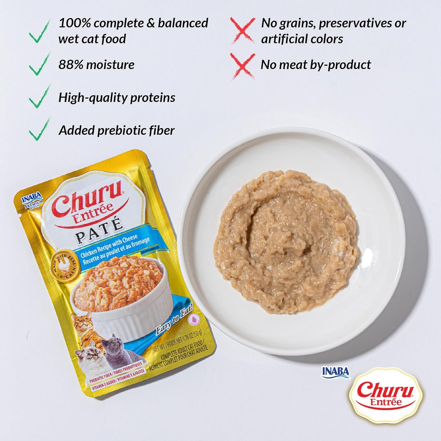 INABA Churu Entrée Pate for Cats, Grain-Free, Prebiotic Complete & Balanced Wet Cat Food - Chicken with Salmon Recipe