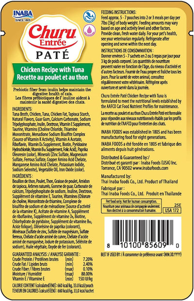 INABA Churu Entrée Pate for Cats, Grain-Free, Prebiotic Complete & Balanced Wet Cat Food - Chicken with Tuna Recipe