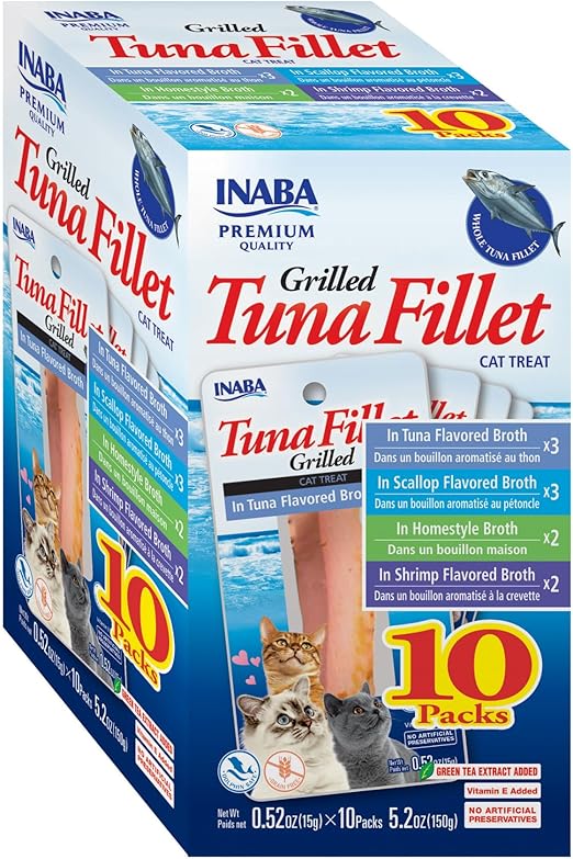INABA Premium Grilled Tuna Fillet Cat Treats with Vitamin E and Green Tea Extract - Box of 10