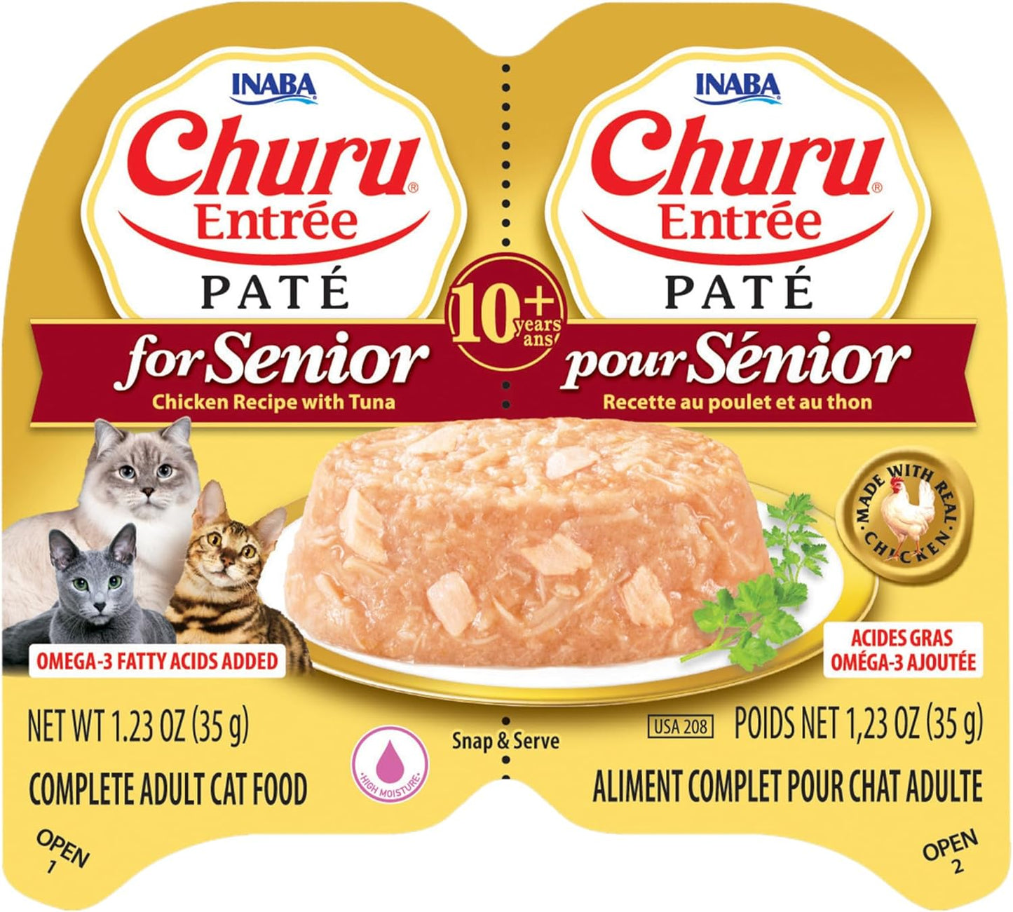 INABA Churu Entrée Pate for Senior, Grain-Free, High Protein, Prebiotic Complete & Balanced Wet Cat Food - Chicken with Tuna Recipe