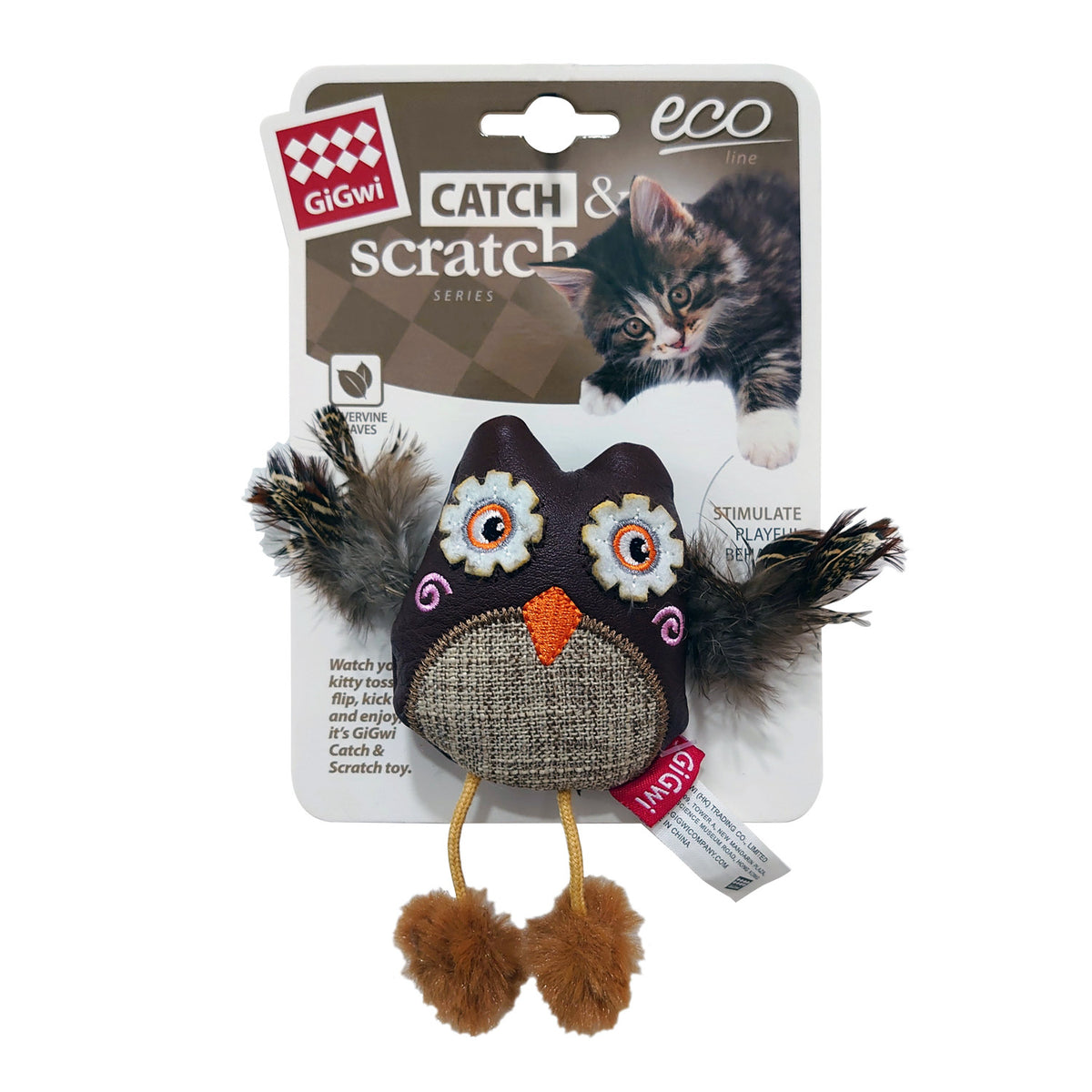 GiGwi Owl Catch & Scratch Eco line with Slivervine Leaves and Leatherette