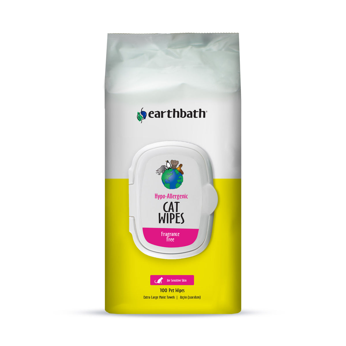 Earthbath Hypo-Allergenic Cat Grooming Wipes, Fragrance Free, Cleans & Conditions, 100 ct plant-based wipes in re-sealable pouch