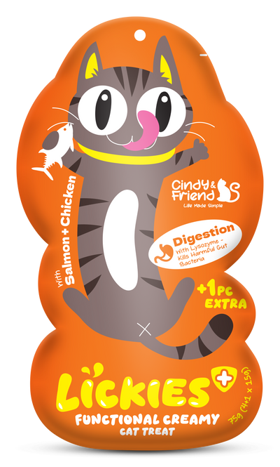 Cindy & Friends Lickies Functional Creamy Lickable Cat Treat for Digestion Health with Salmon & Chicken 75g (5 × 15g)