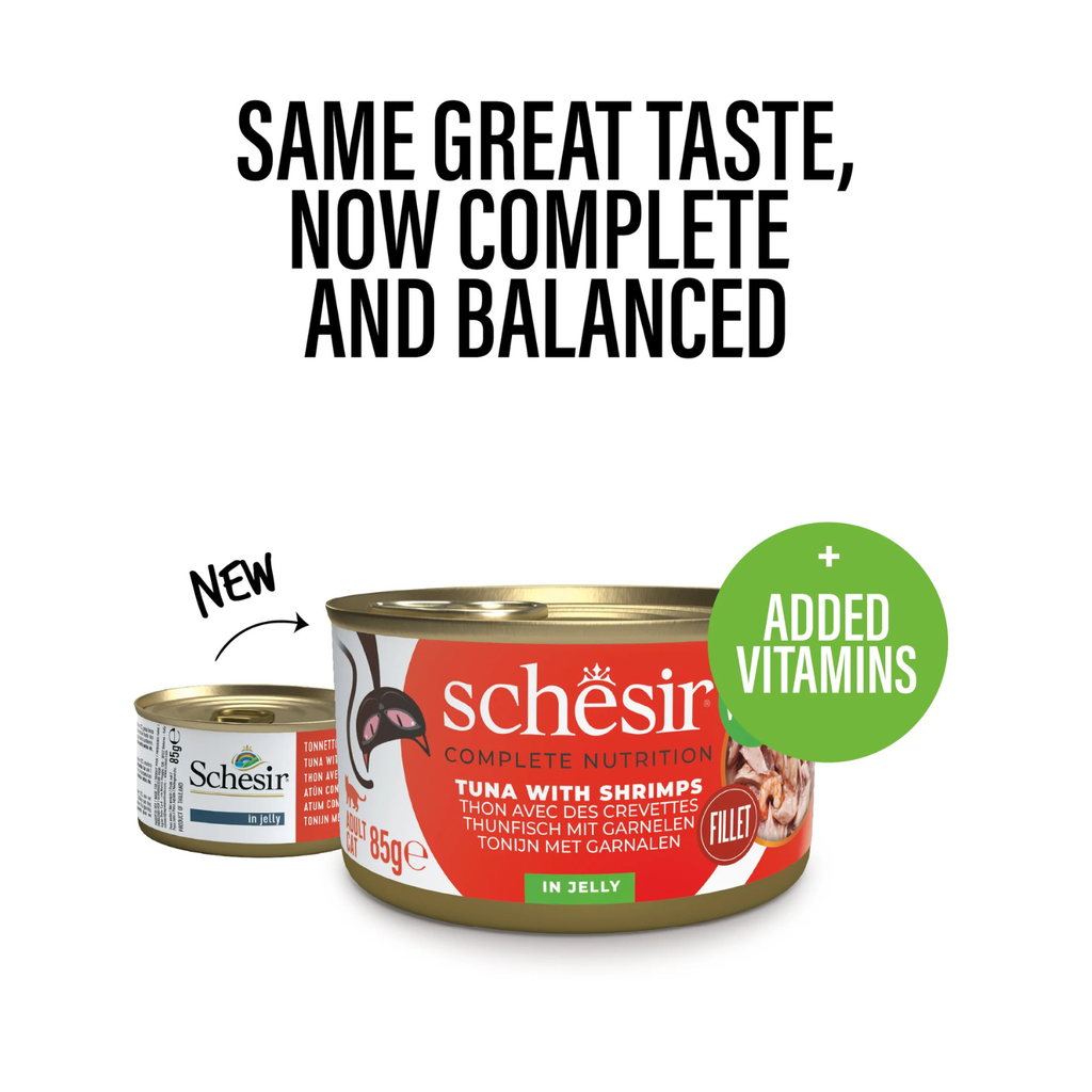 Schesir Complete & Balanced Nutrition Wet Cat Food in Jelly Can- Tuna With Shrimp 85g