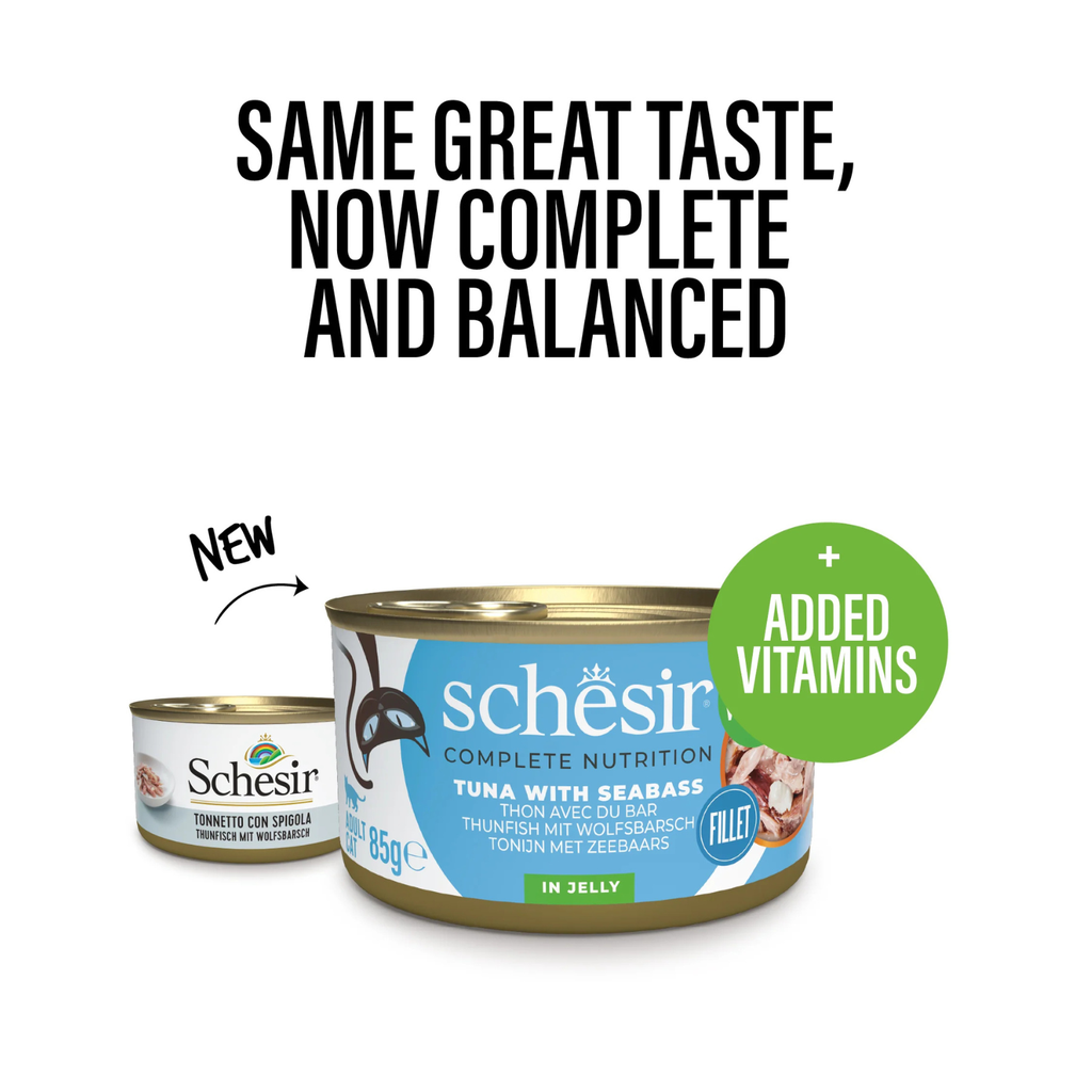 Schesir Complete & Balanced Nutrition Wet Cat Food in Jelly Can- Tuna With Seabass 85g