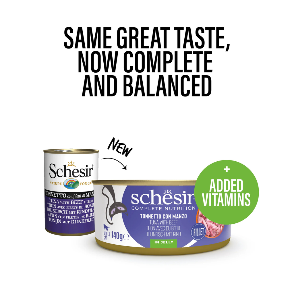 Schesir Complete & Balanced Nutrition Wet Cat Food in Jelly Can- Tuna With Beef 140g