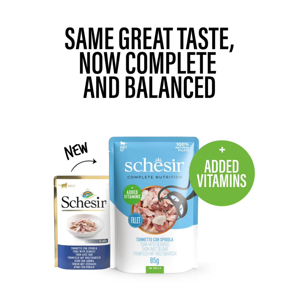 Schesir Complete & Balanced Nutrition Wet Cat Food in Jelly Pouch - Tuna With Seabass 85g