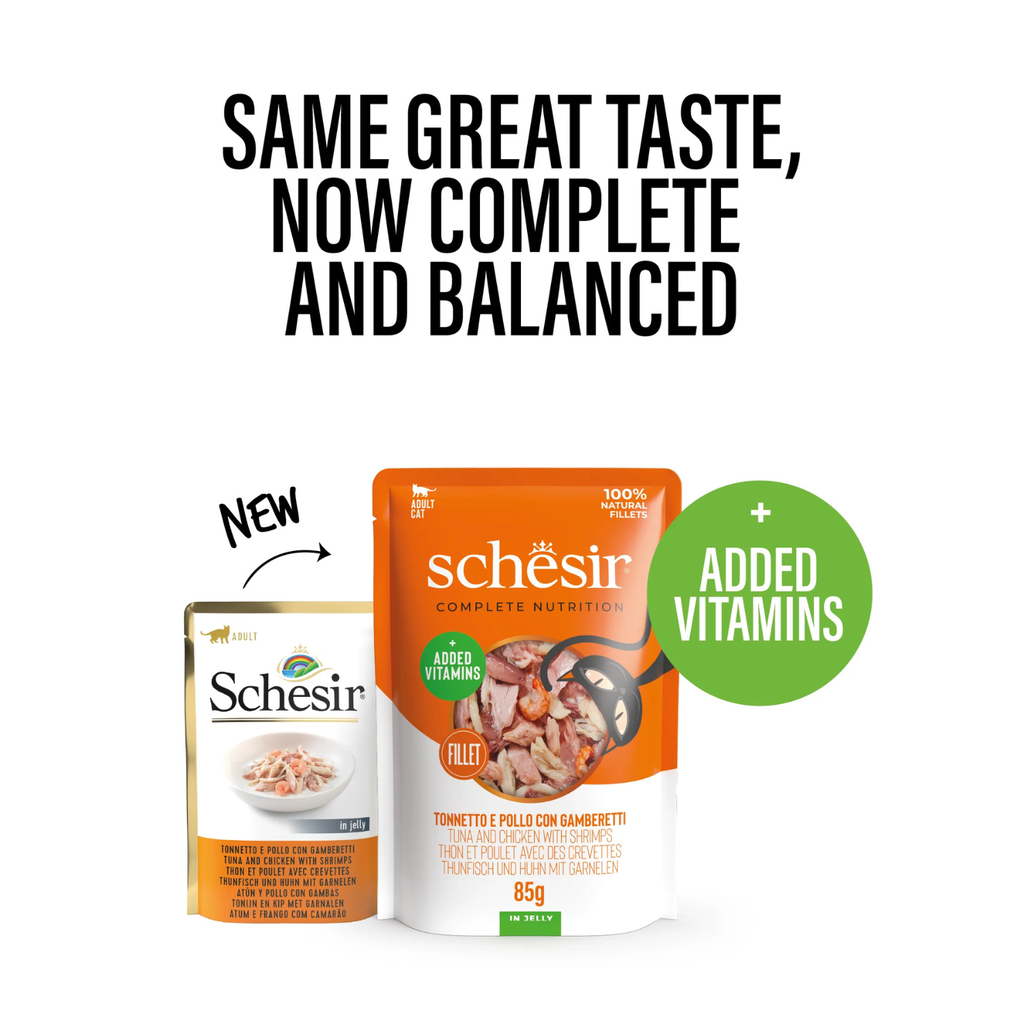 Schesir Complete & Balanced Nutrition Wet Cat Food in Jelly Pouch - Tuna & Chicken With Shrimp 85g