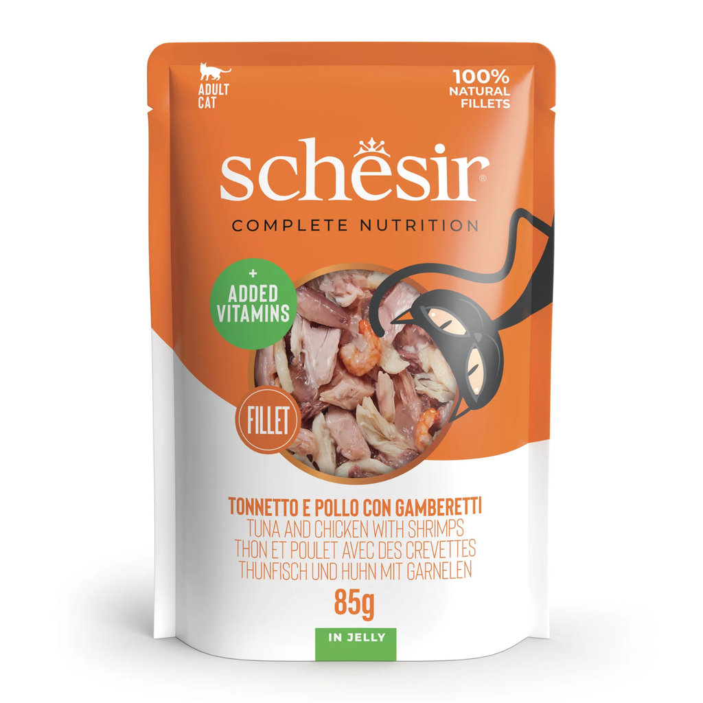 Schesir Complete & Balanced Nutrition Wet Cat Food in Jelly Pouch - Tuna & Chicken With Shrimp 85g