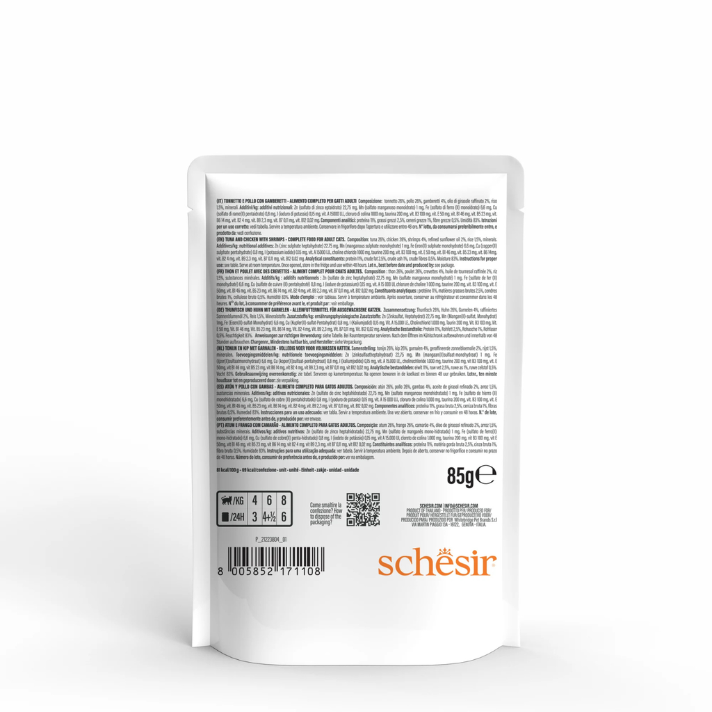 Schesir Complete & Balanced Nutrition Wet Cat Food in Jelly Pouch - Tuna & Chicken With Shrimp 85g