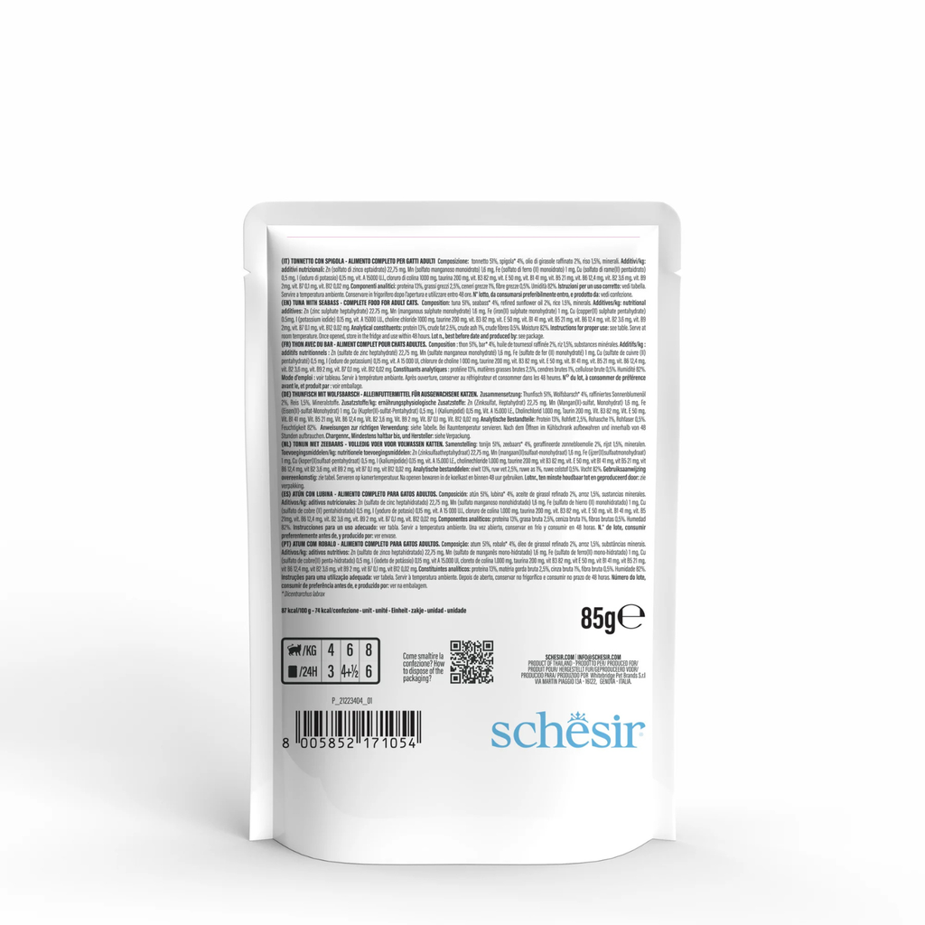 Schesir Complete & Balanced Nutrition Wet Cat Food in Jelly Pouch - Tuna With Seabass 85g