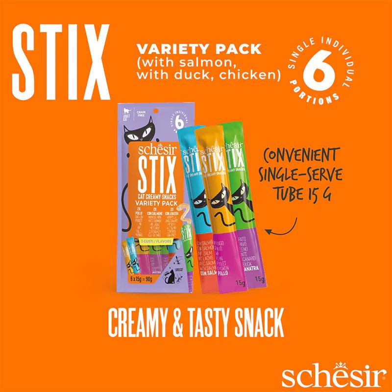 Schesir Stix Treat Variety Pack  6x15g - Mixed Flavors: Chicken,Duck & Salmon