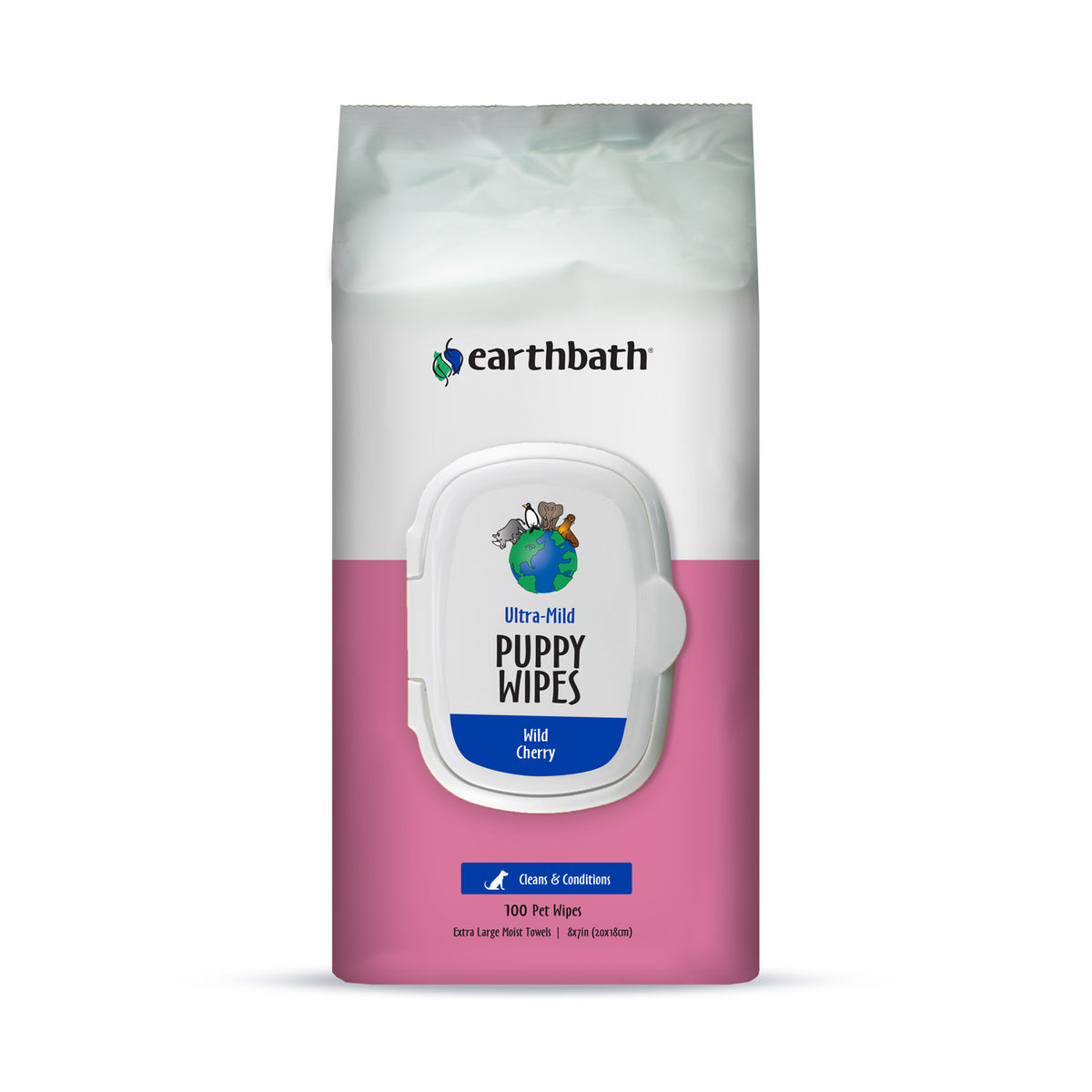 Earthbath Ultra-Mild Puppy Wipes, Wild Cherry, Cleans & Conditions, 100 ct plant-based wipes in re-sealable pouch
