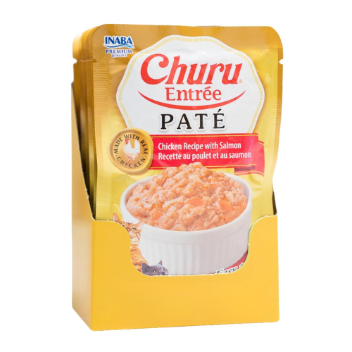 INABA Churu Entrée Pate for Cats, Grain-Free, Prebiotic Complete & Balanced Wet Cat Food - Chicken with Salmon Recipe