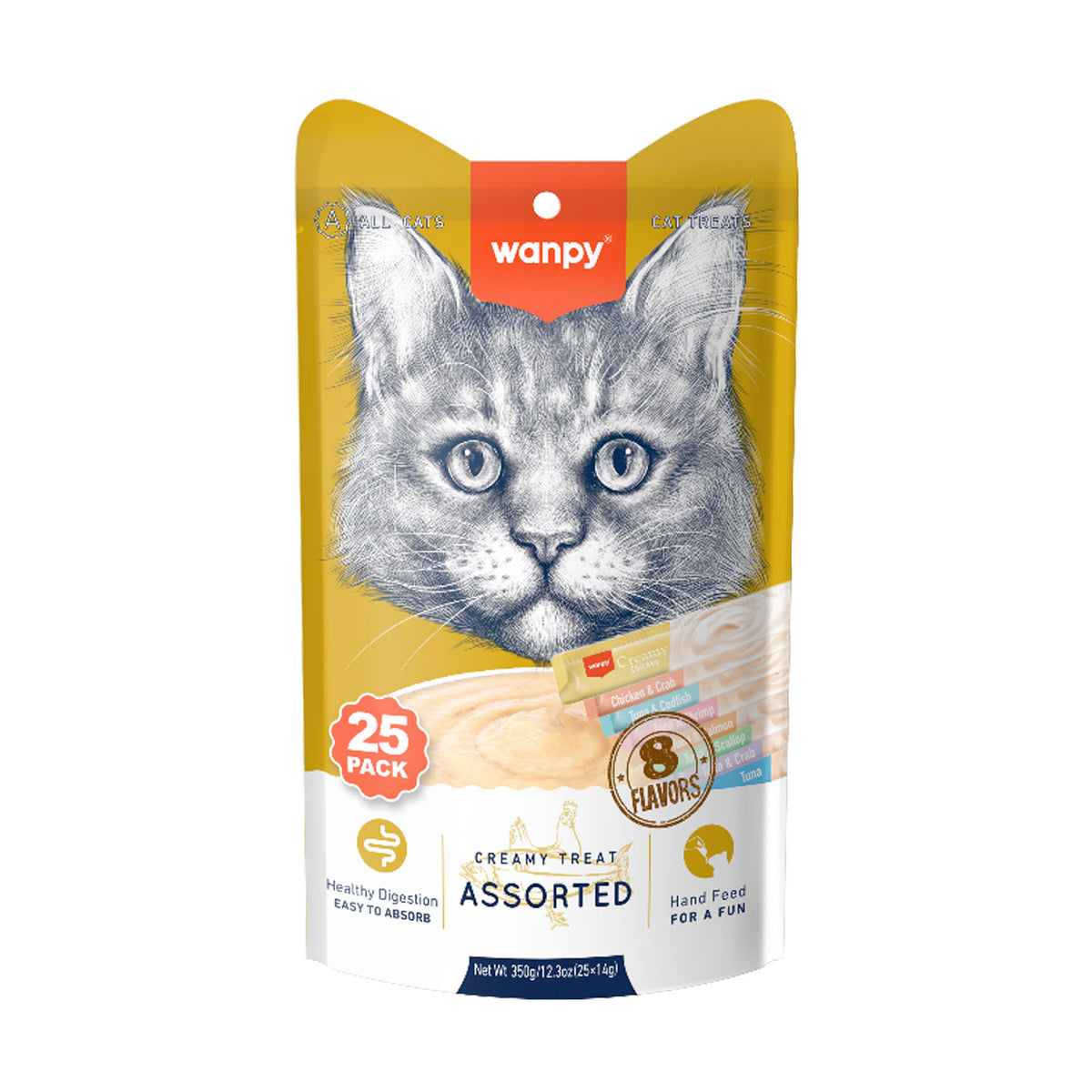 Wanpy Creamy Lickable Cat Treats Assorted - 8 Different Flavors (14g x 25pc)